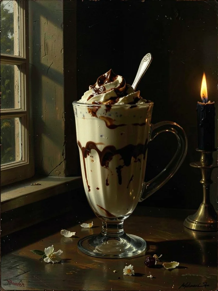 Milkshake in clear cup, layers of cream and chocolate visible, Vermeer window li