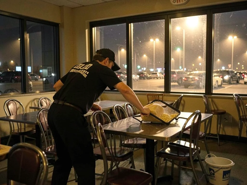 Fast food worker flipping chairs onto tables at closing, backlit by parking lot 
