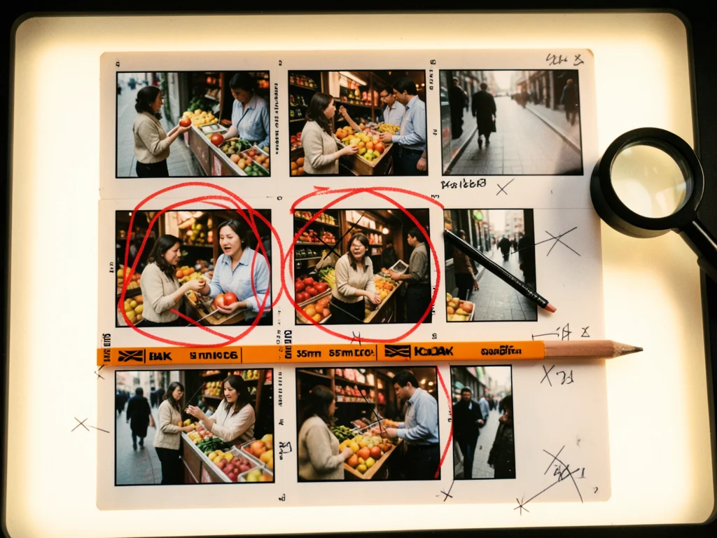 A 35mm film contact sheet from a street photography session, six strips of six f