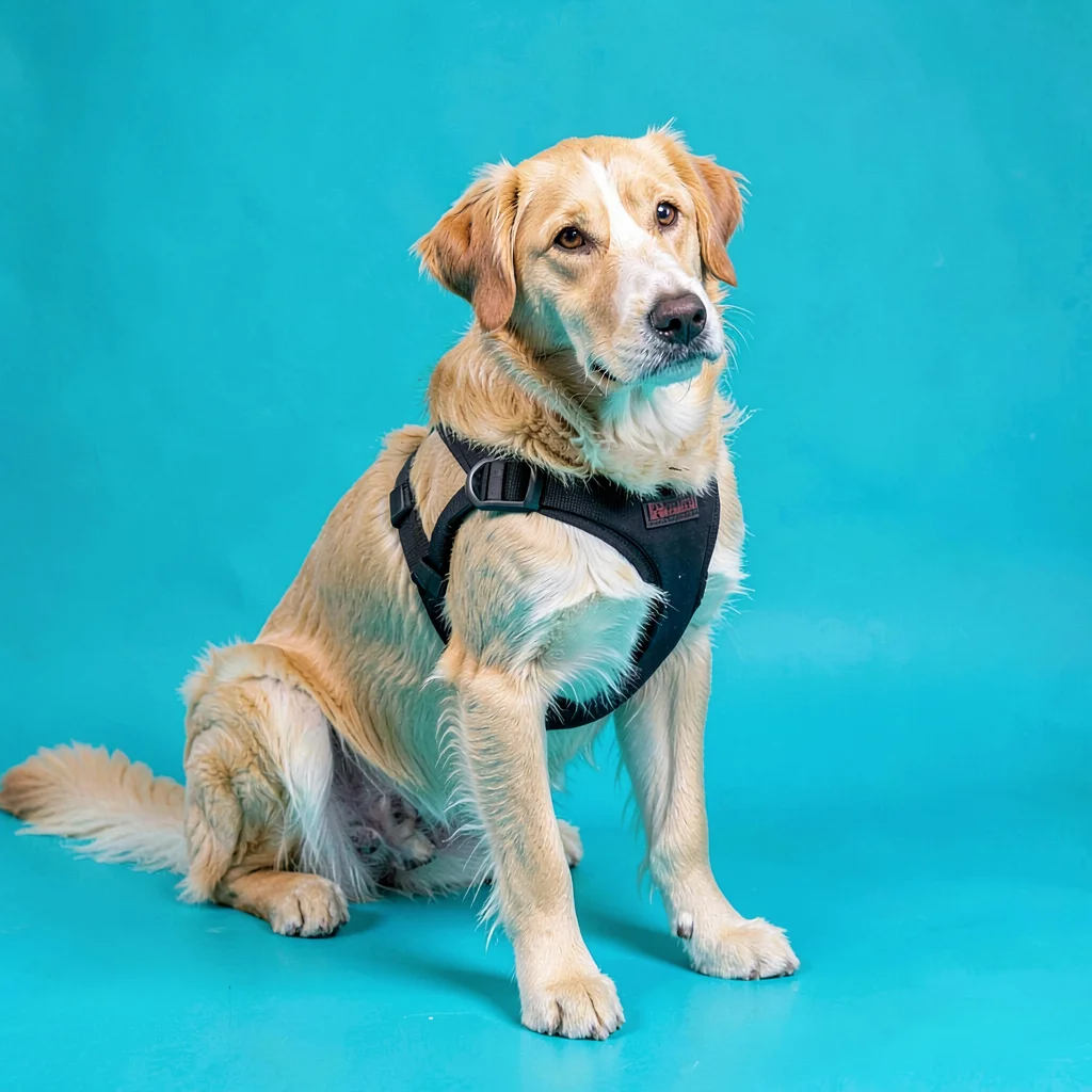 single padded harness for medium dog-breed at three-quarter on a saturated turqu