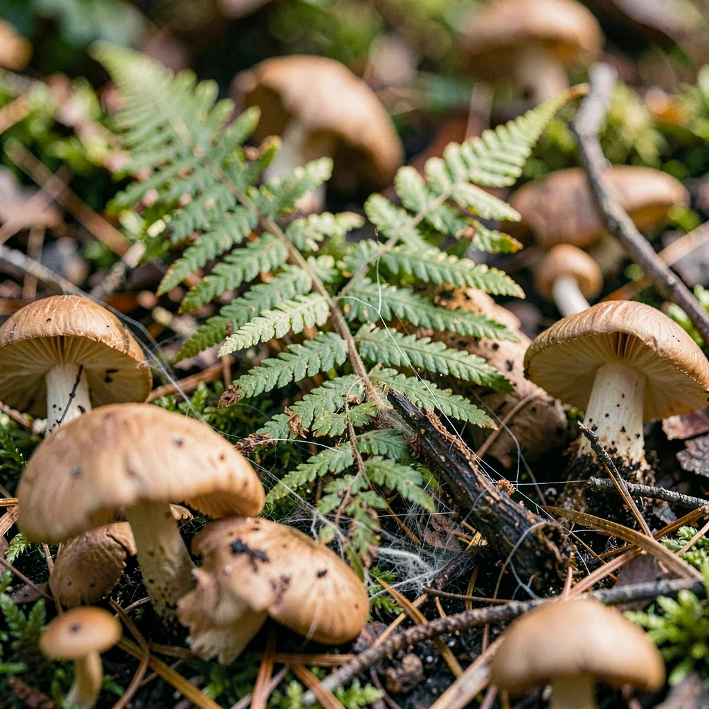 Macro of a fern frond decaying among fallen mushrooms, fibers visible