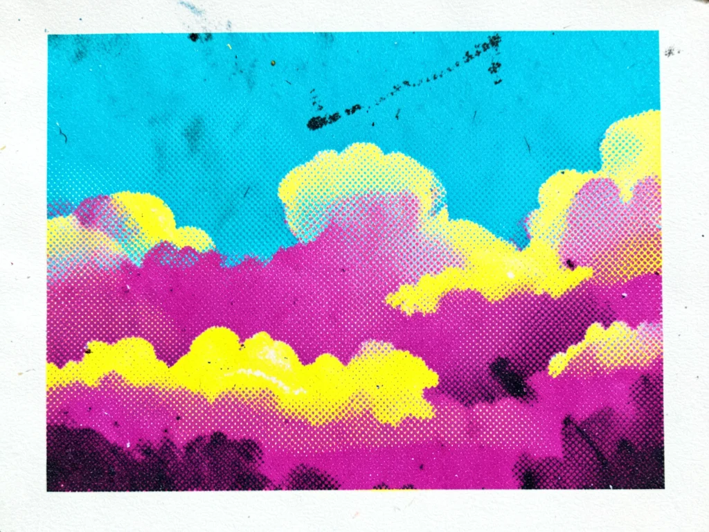 CMYK screenprint of clouds, each color layer deliberately separated — cyan sky, 