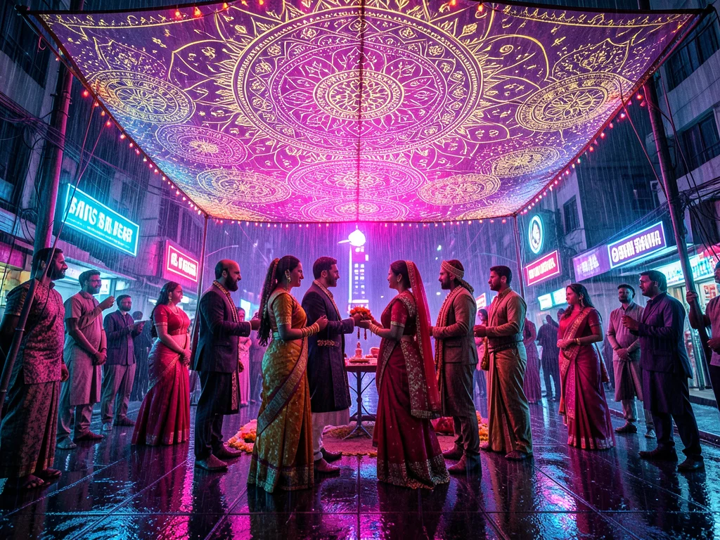 Wedding scene with traditional ceremony under a canopy of projected mandalas, ma