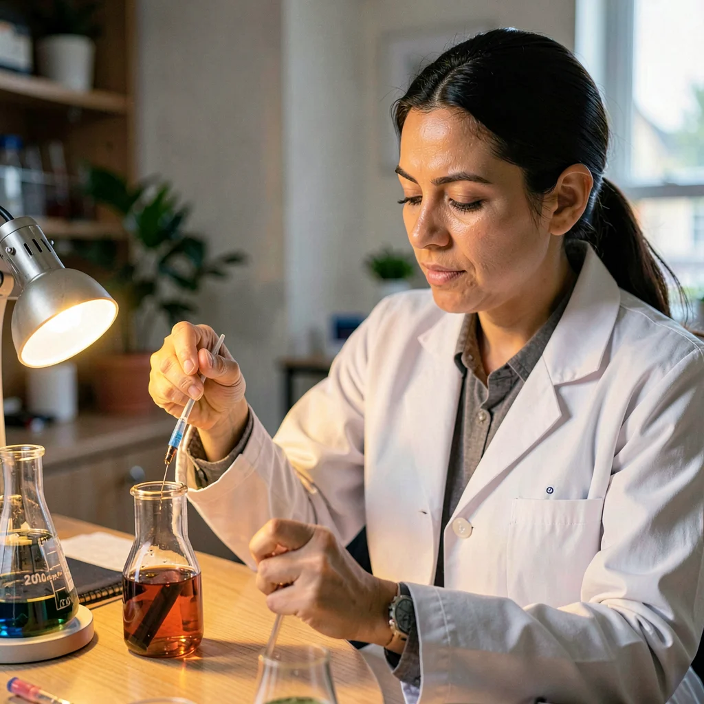 A determined Latina chemist in her thirties pipetting reagent into a vial, lamp 