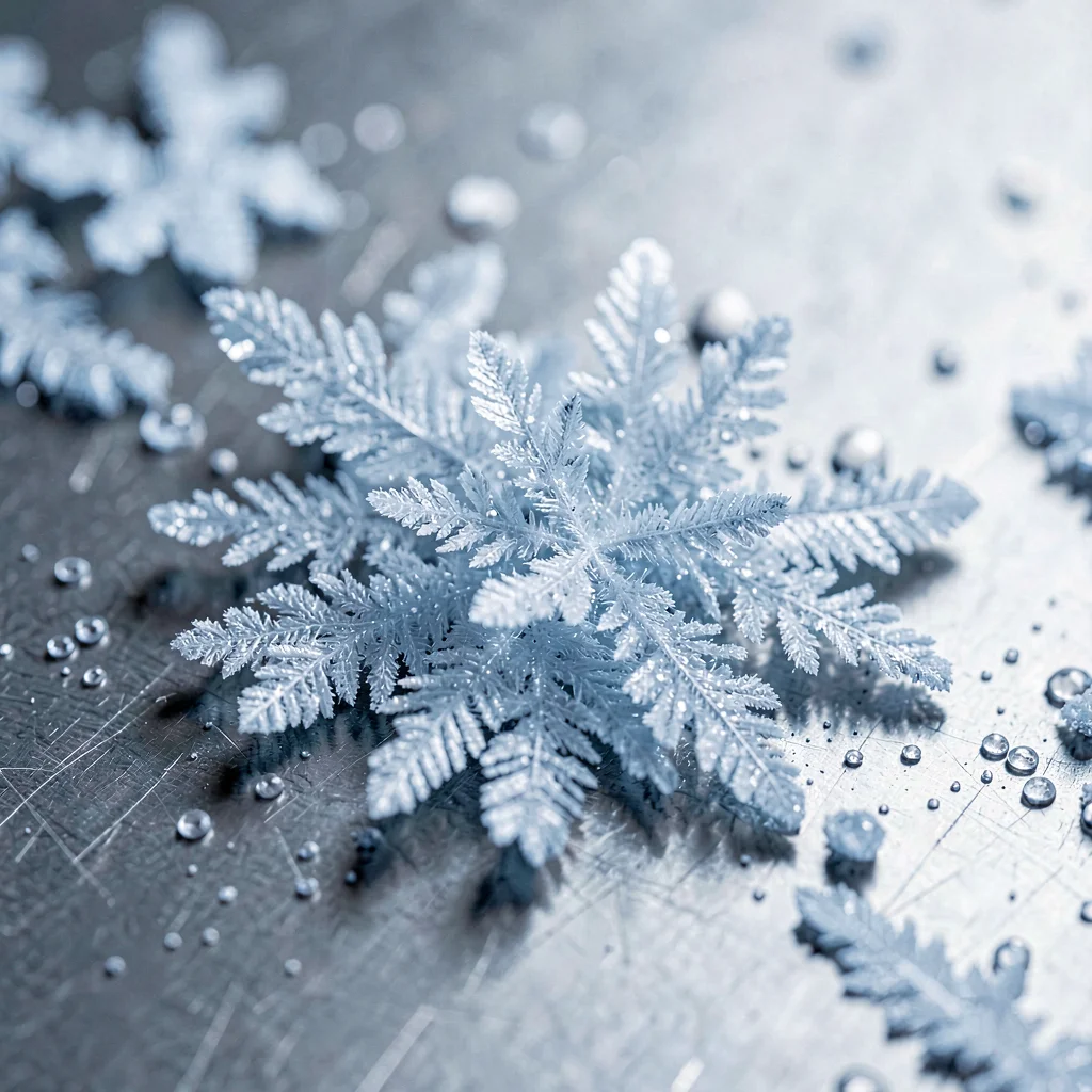 frost-blue ice crystal close-up forming on a steel surface, crystalline detail, 