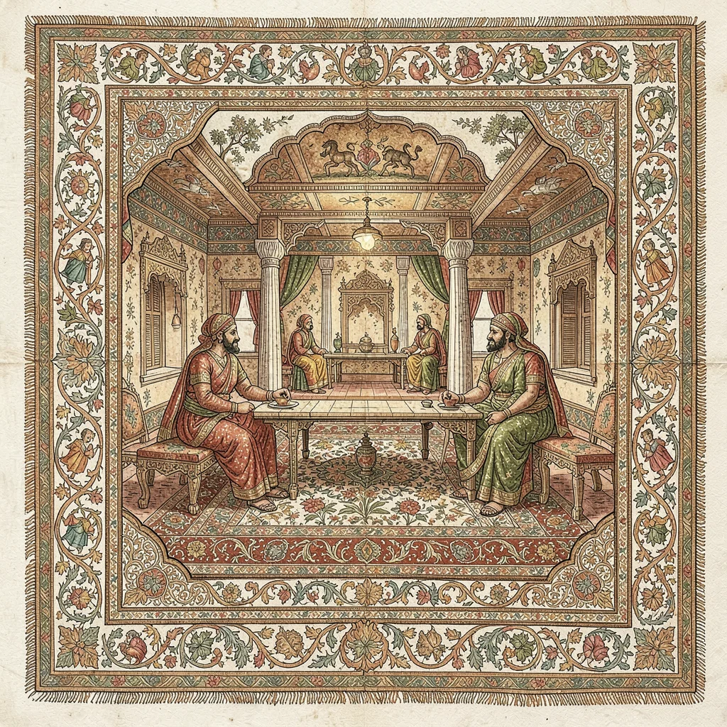 Kalamkari pen illustration, a royal court scene with detailed patterns , hand-dr