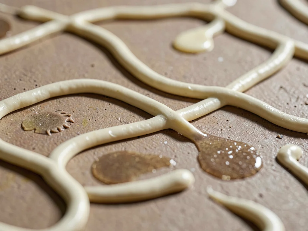 Slip-trailed cream squiggles raised across stoneware, soft loops casting tight c