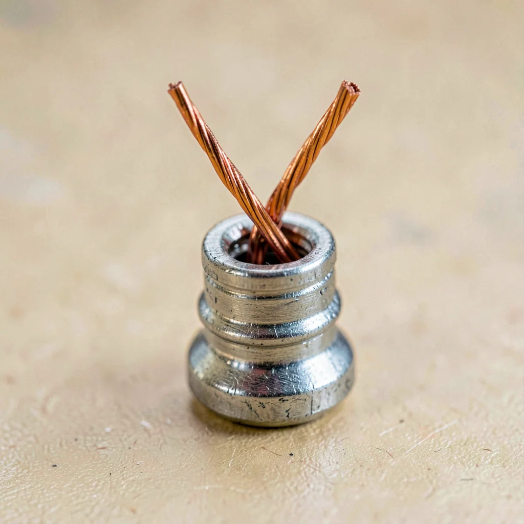 Macro of a wire nut twist with copper strands disappearing inside, fresh and unb