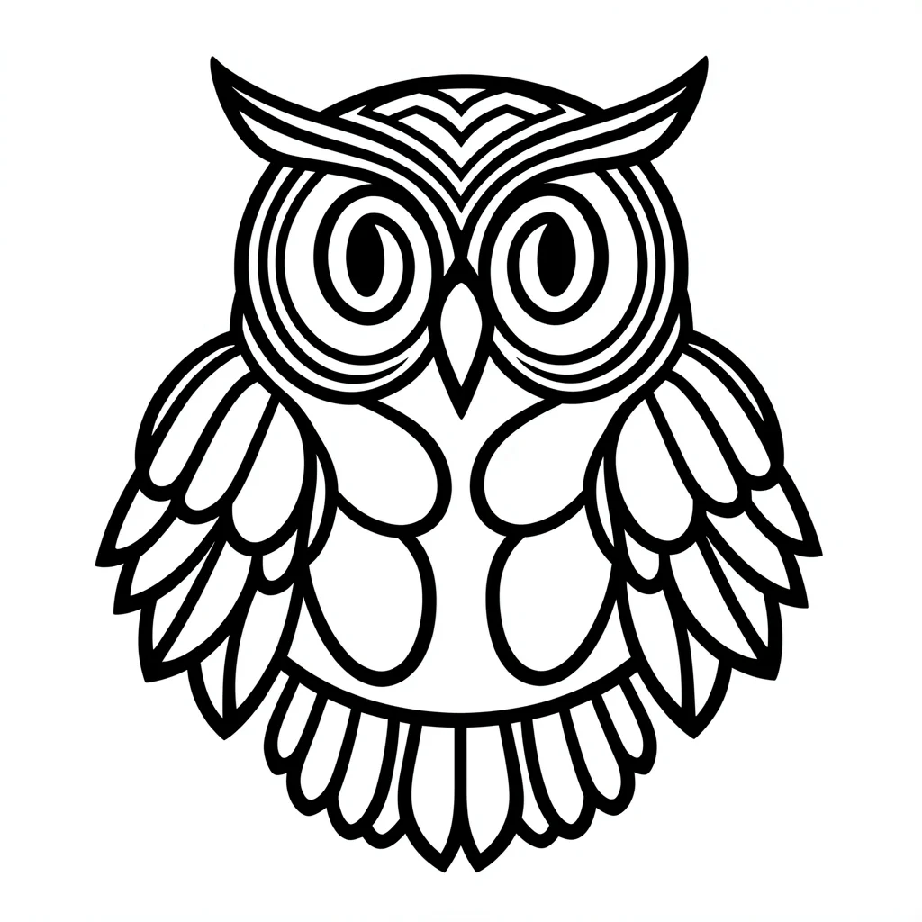 Owl — frontal face, two large ovoid eyes, wing feathers as secondary U-form rows