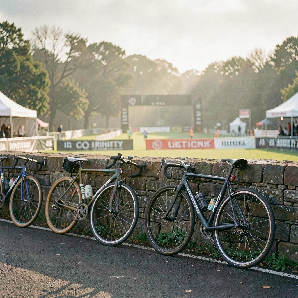 Atmospheric race-day scene of bicycles leaning against a stone wall before a sta