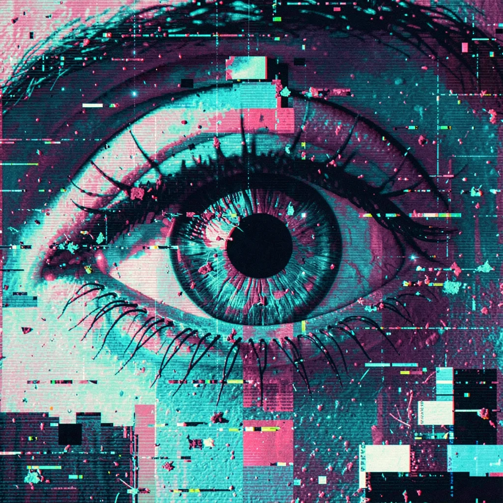 Glitch art illustration, eye with iris data errors , digital corruption artifact