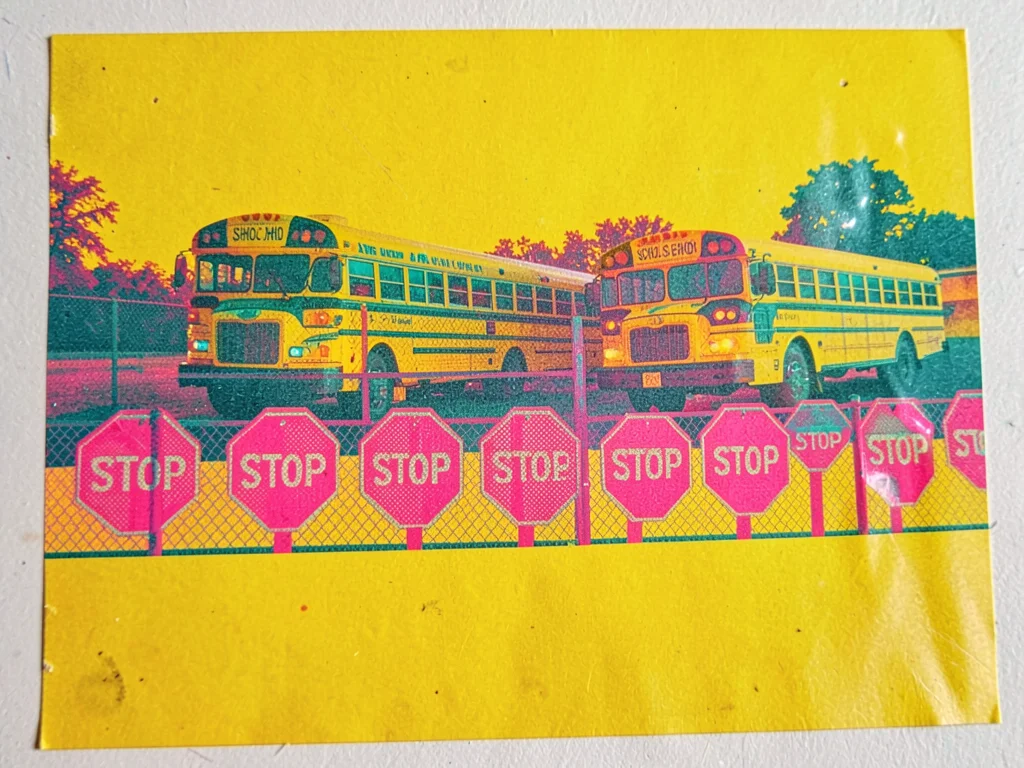 School buses parked in a fenced yellow lot with afternoon sun glinting off rows 