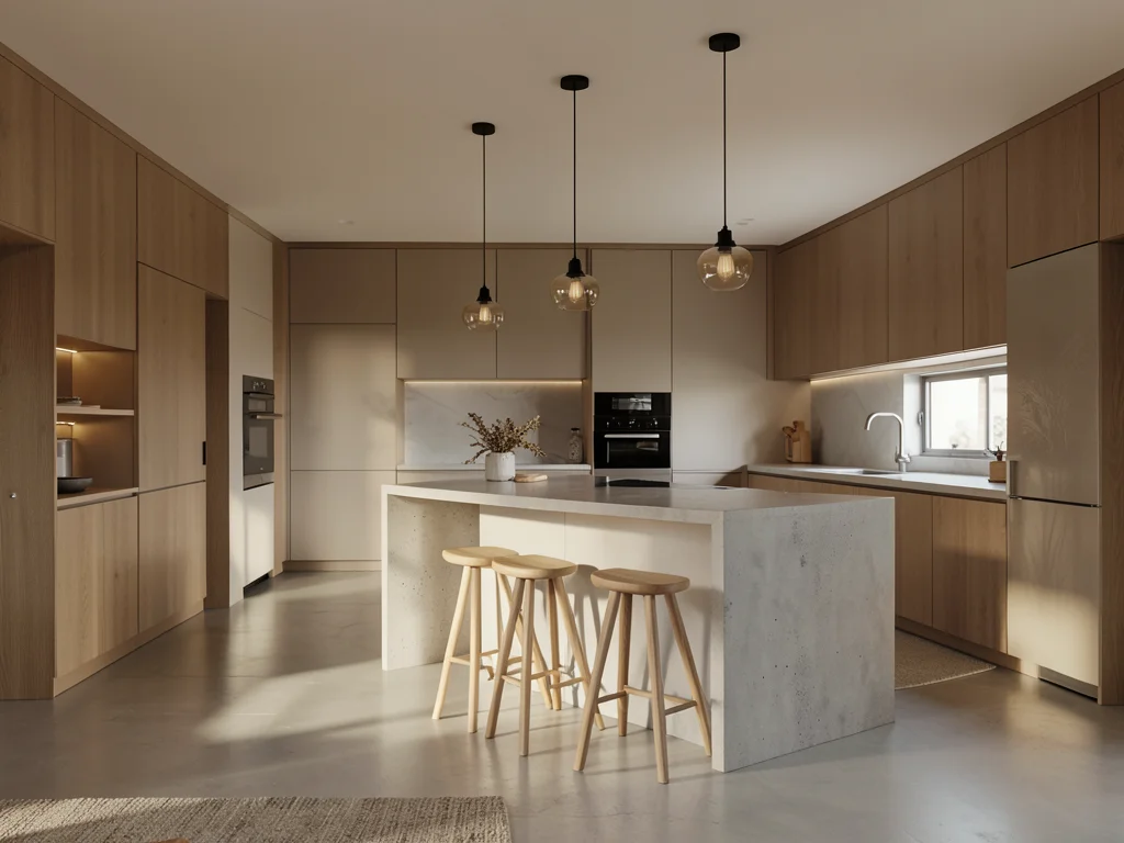Open-plan kitchen-living area with concrete island, wooden stools, pendant light