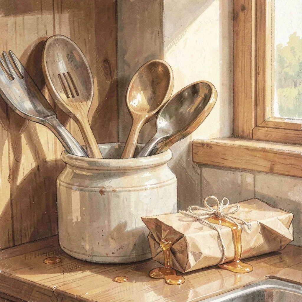 Warm pantry corner with a small ceramic crock of utensils and a paper-wrapped bu