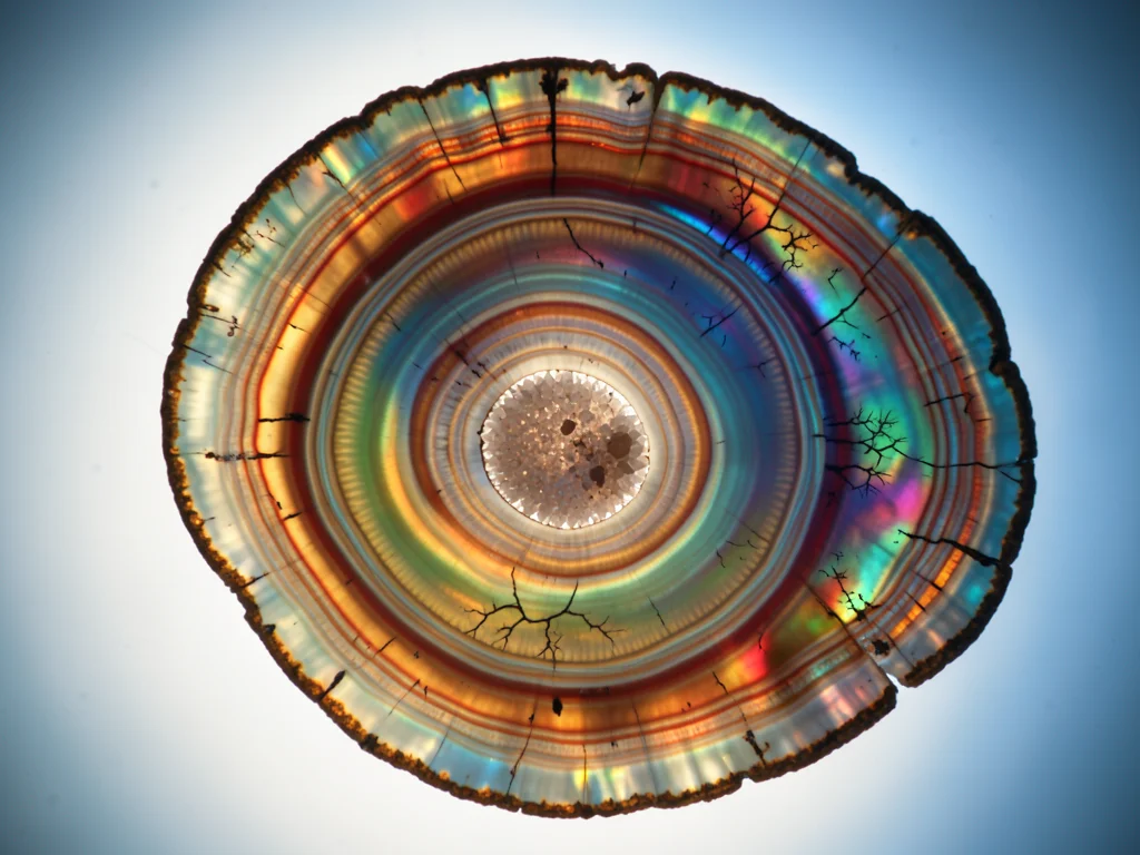 Ammolite fossil shell, opal-like iridescent display of red, green, and gold from