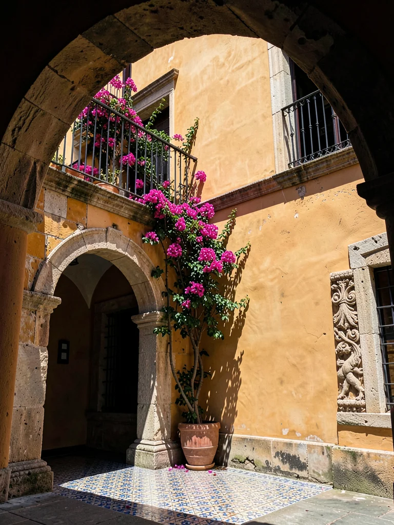 Bougainvillea Cascade Over Ochre Wall
