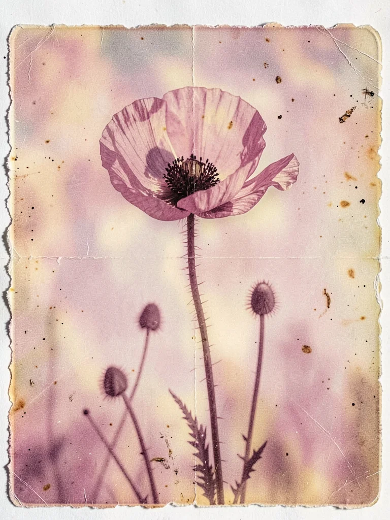 Poppy flower decomposing over 6-hour exposure, petals translucent, unfixed print