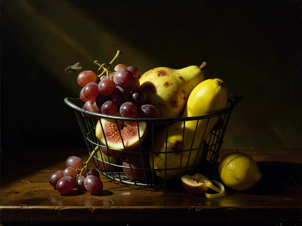 A wire shopping basket placed on a dark wooden table containing an arrangement t
