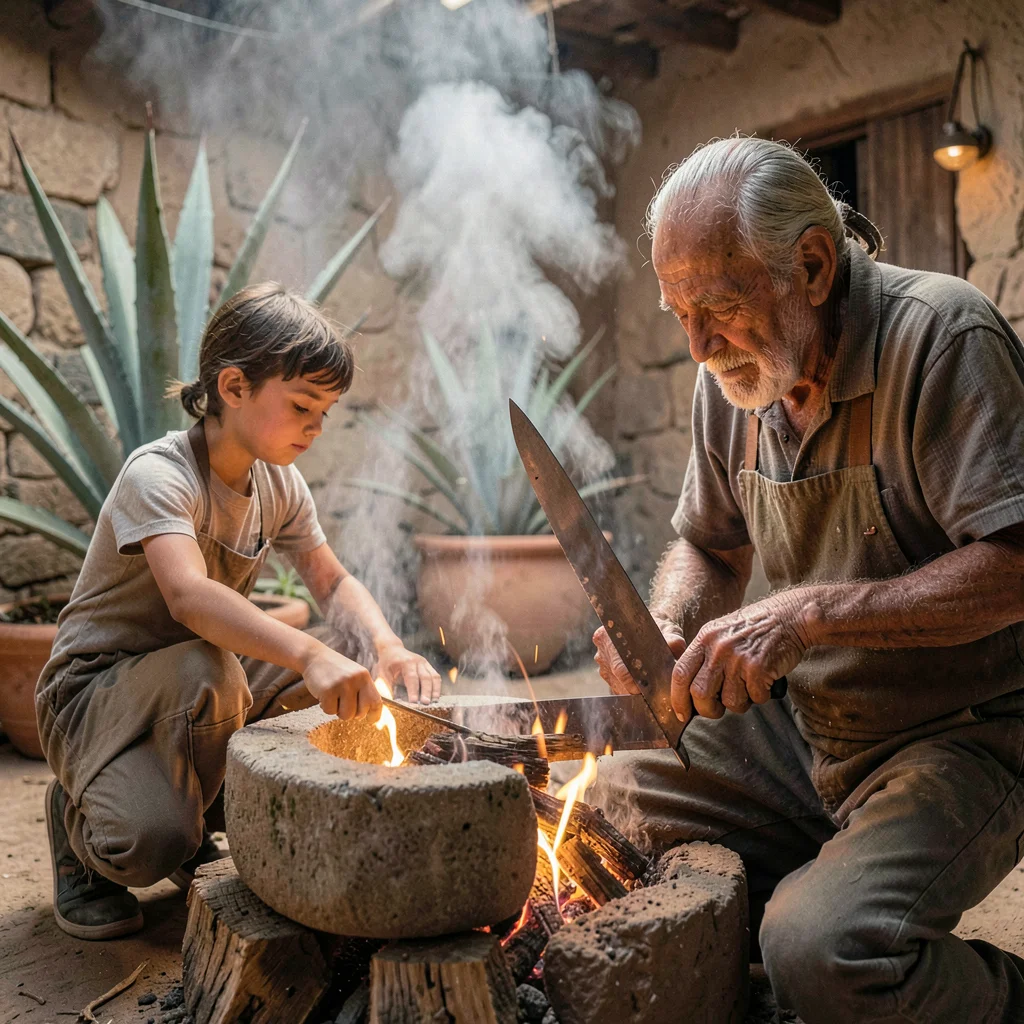 Oaxacan mezcal process, palenque atmosphere, A young apprentice watching an elde