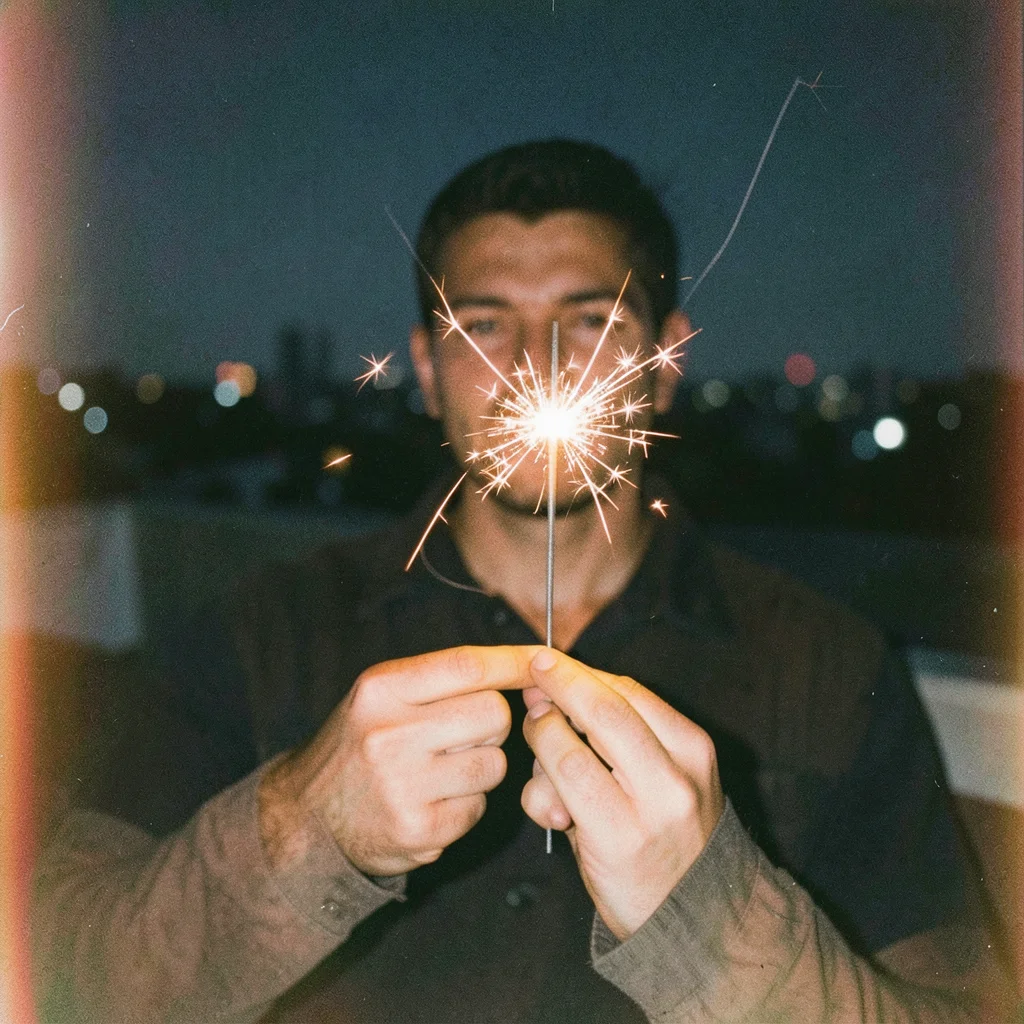 Someone's hands holding a sparkler on a rooftop at night, the spark trails long 