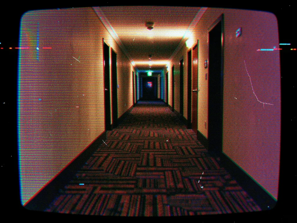A hotel hallway stretching into darkness, the carpet pattern disrupted by scan l