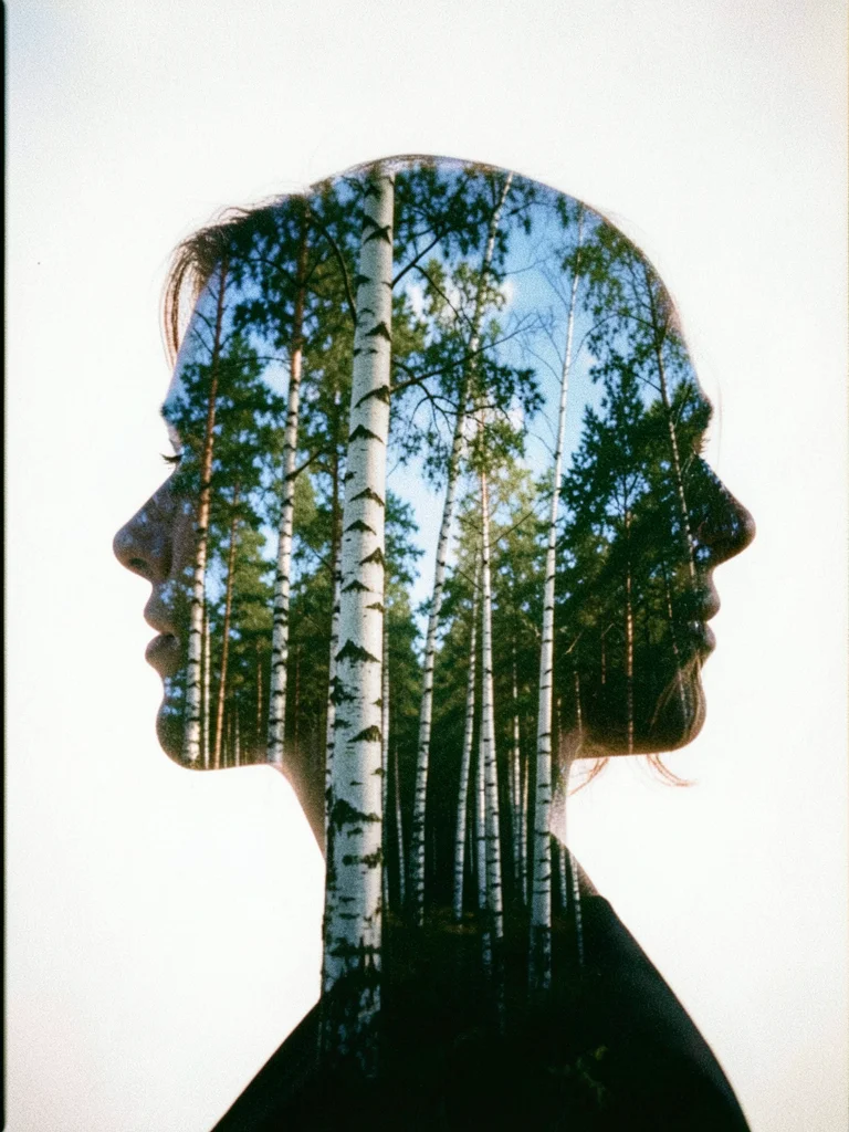 A woman's profile silhouette filled with a dense birch forest, trees visible wit