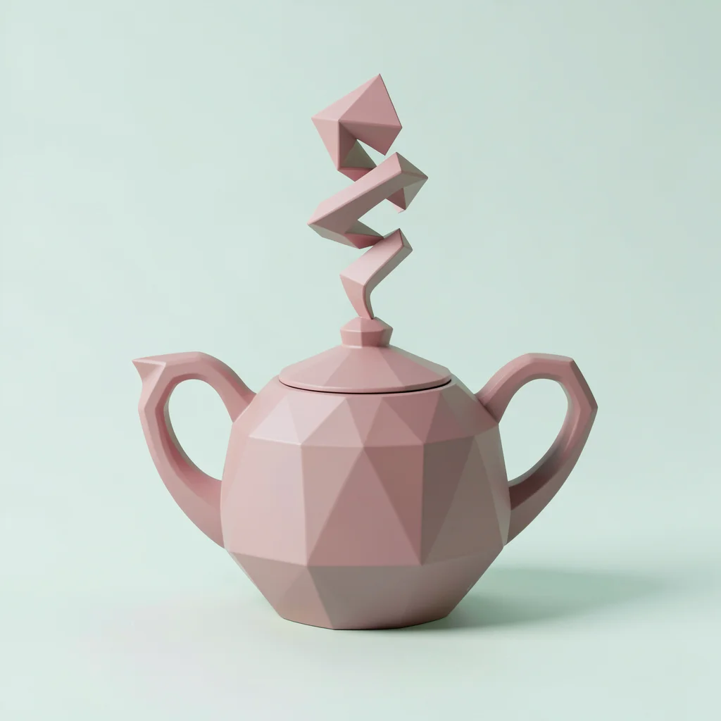 A single faceted teapot in dusty pink with curling triangular steam above it set