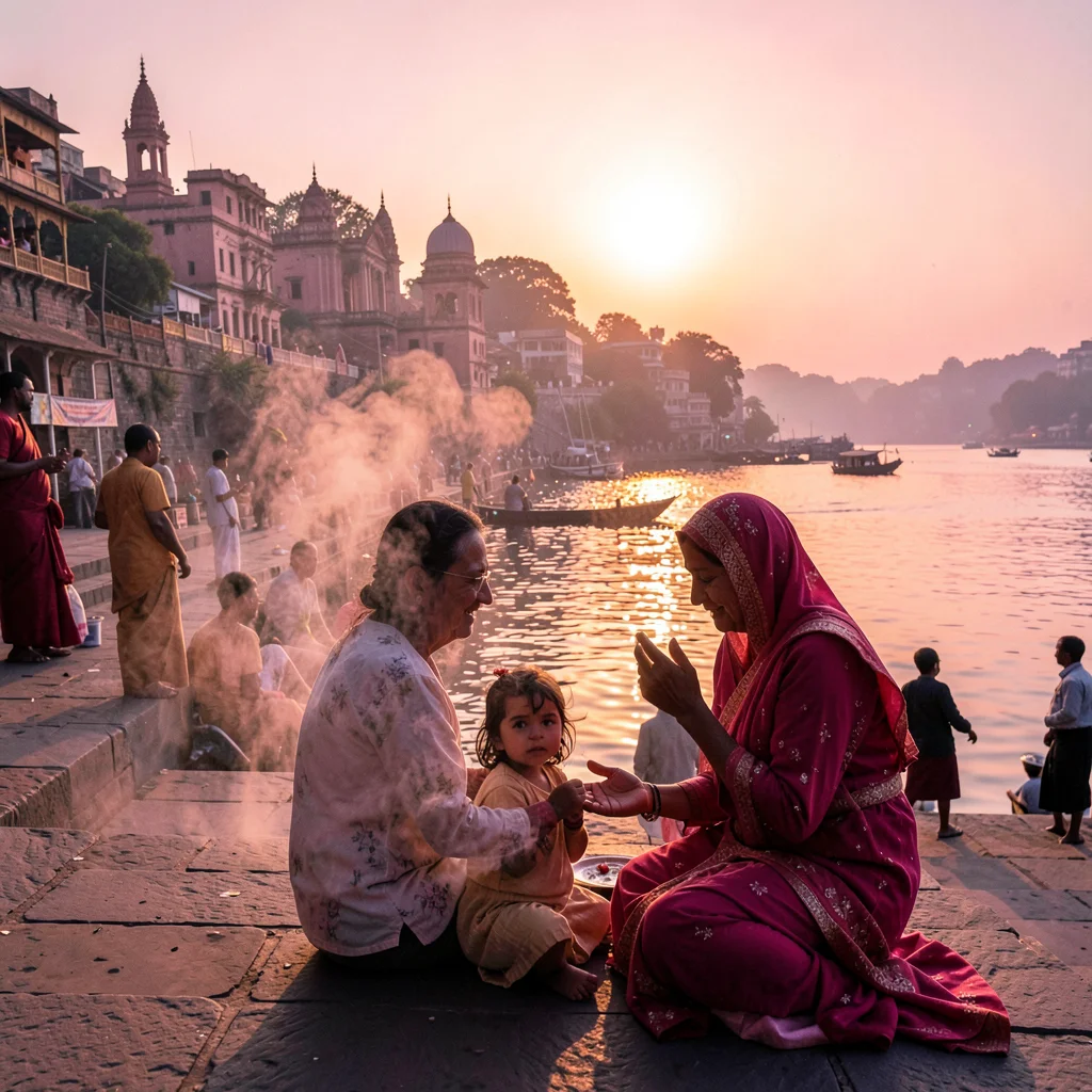 Varanasi ghat dawn, Ganges pink-gold light, child learning ritual gestures from 
