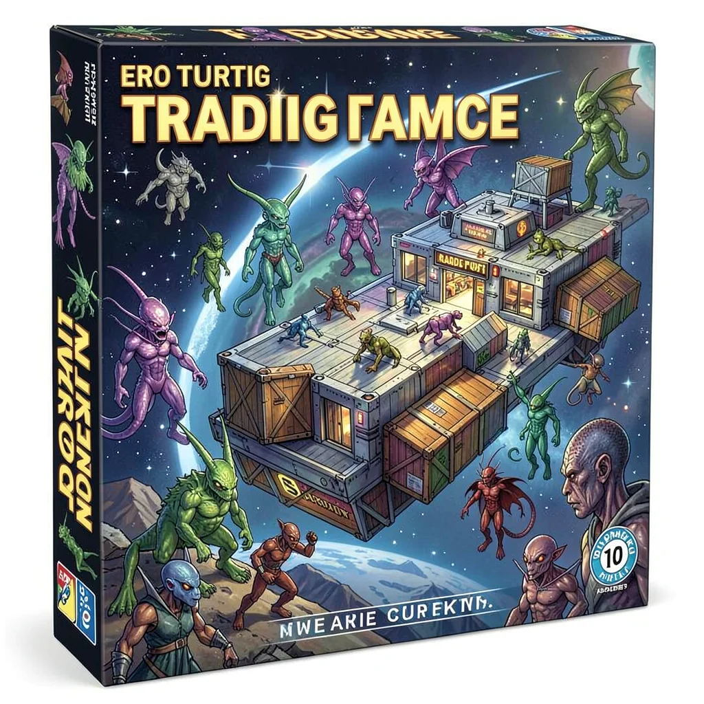 Board game box illustration, a space station trading post with diverse alien spe