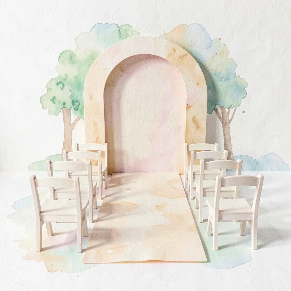 Papercraft layout of a tiny paper venue scene with paper arch, paper aisle, and 