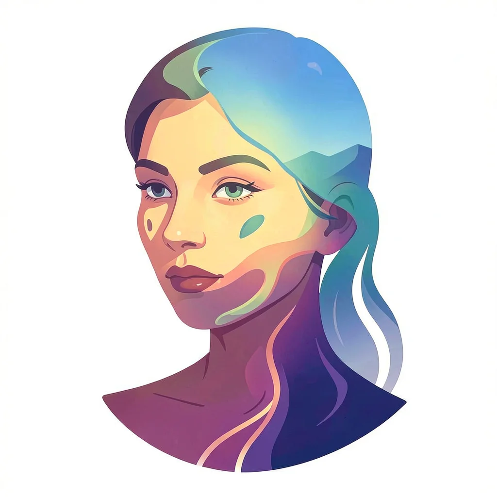 Morphing vector illustration, portrait melting into landscape , smooth vector gr