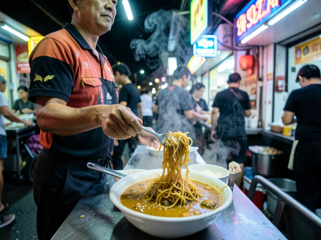 A khao soi vendor in Chiang Mai, the coconut curry noodle soup being ladled into