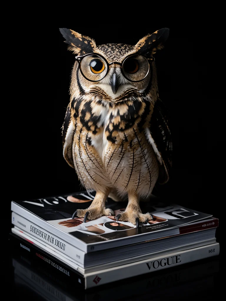 Owl wearing oversized round designer glasses, perched on stack of Vogue magazine