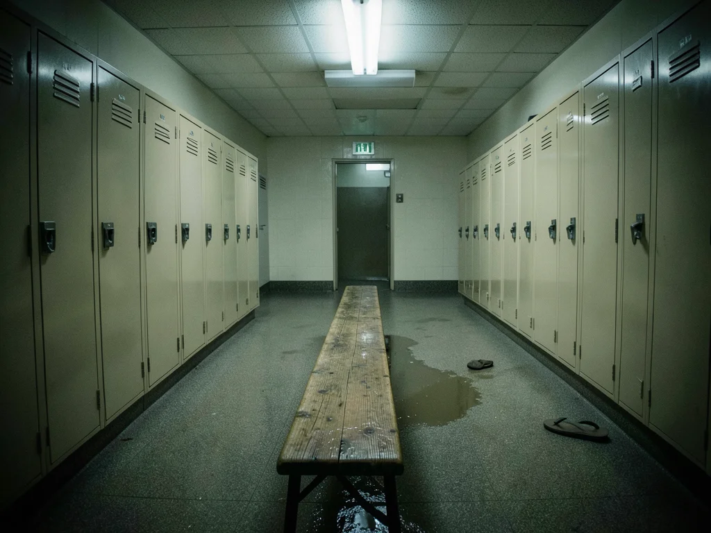 An empty indoor swimming pool changing room with a row of metal lockers in insti