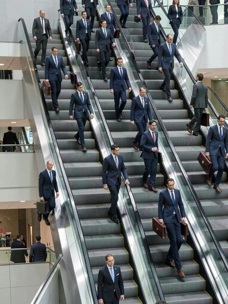 Parallel escalators compressed into infinite regression, identical business suit