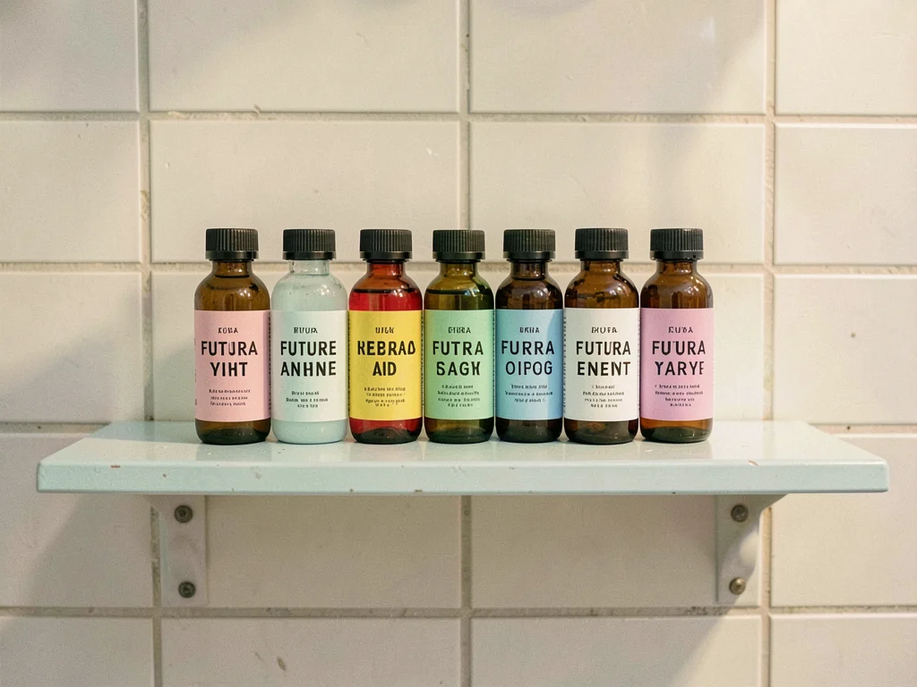 Pill bottles arranged by color gradient on bathroom shelf, pastel labels, Futura