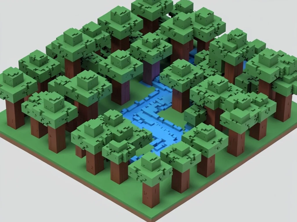 A dense forest of cube-trunk trees with green canopy blocks, a small river of bl