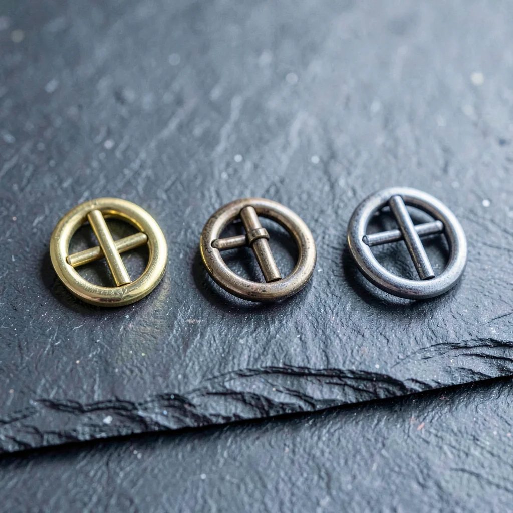 Material swatch study of three buckle finishes, polished brass, antique nickel, 