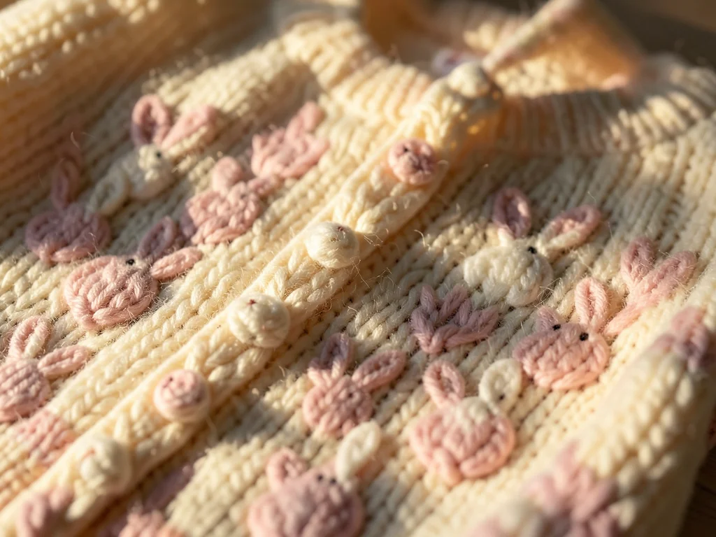 Close-up of a child's hand-knitted Easter cardigan laid flat — the cables and bo