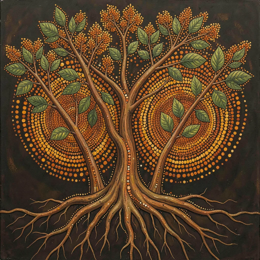 Indigenous Australian dot painting illustration, bush tucker plants with roots e