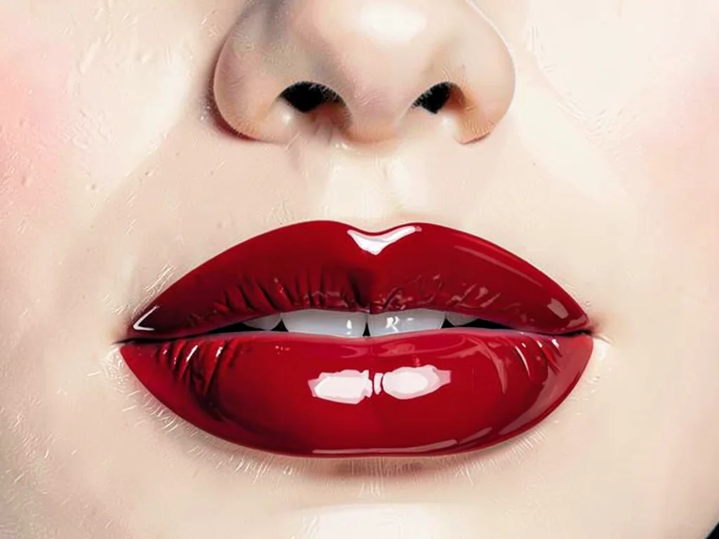 Glossy red lips extreme closeup