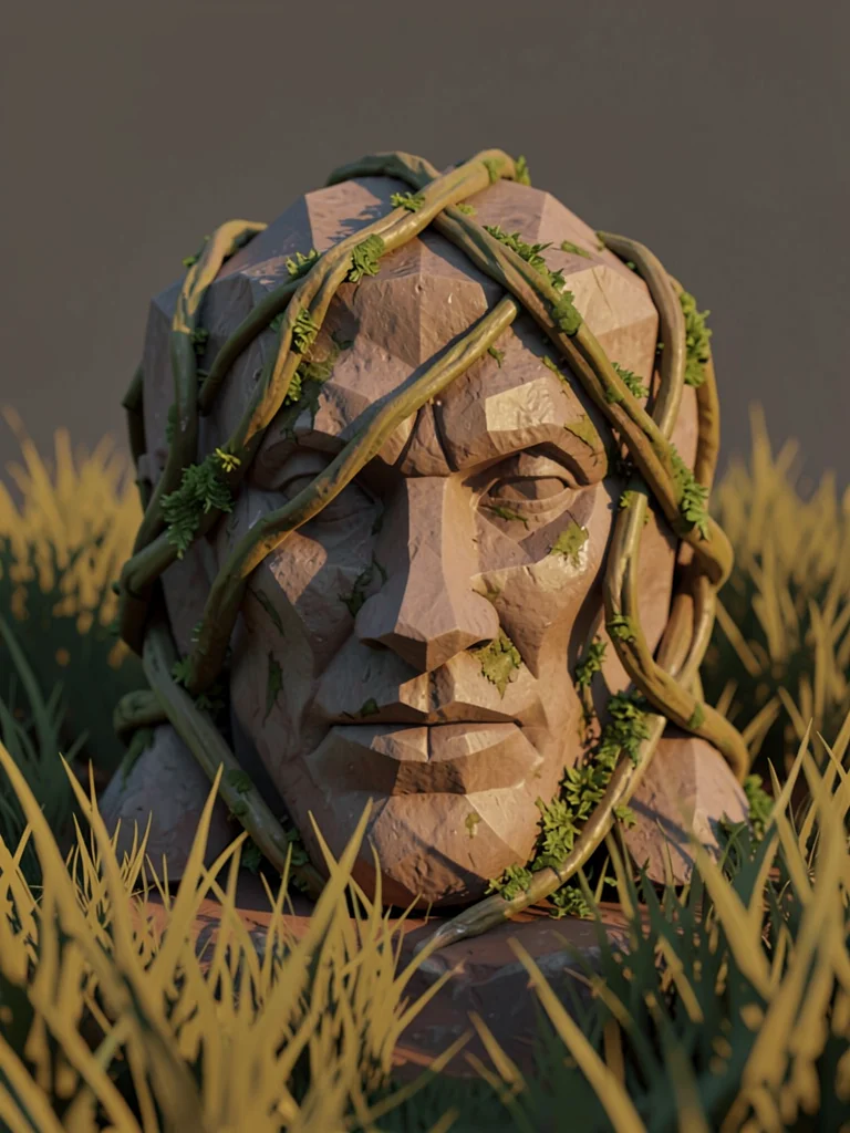 Half-buried faceted stone idol in a lowpoly grass field with thick vines wrapped