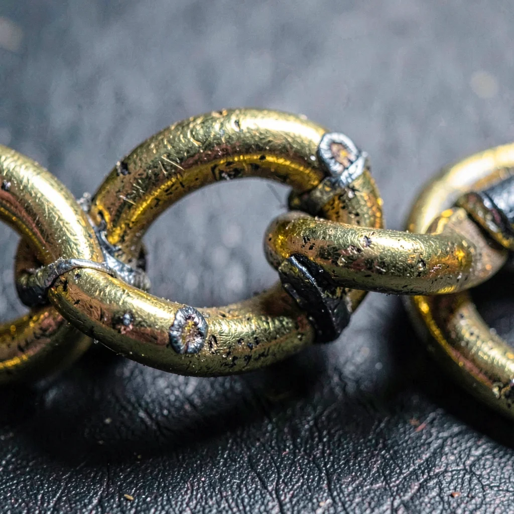 Worn-texture macro of a gold chain link with worn solder joints, sharp cold ligh