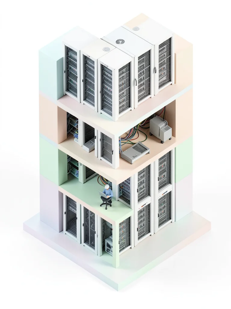A vertical data center: rows of server racks across three floors, cooling system