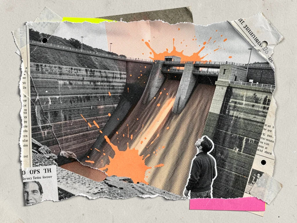 Small figure looking up at a vast dam built from layered halftone strips in phot