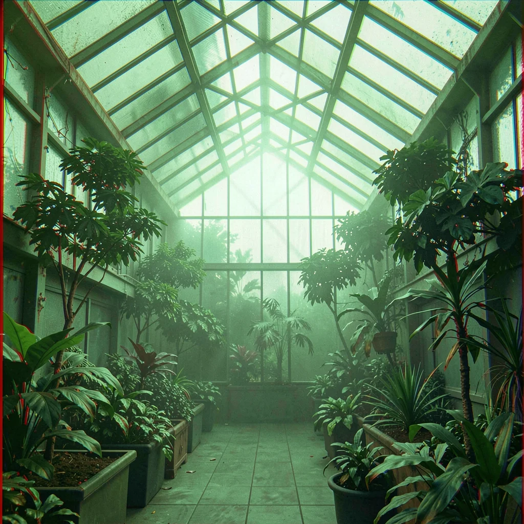 Anaglyphic stereo 3D photograph, Greenhouse interior with plants at varying dept
