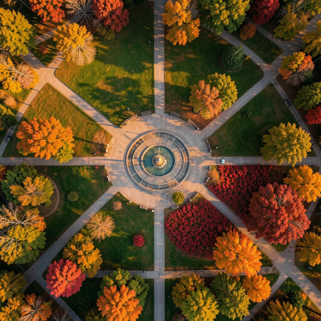A city park from above in autumn, paths radiating from a central fountain, each 
