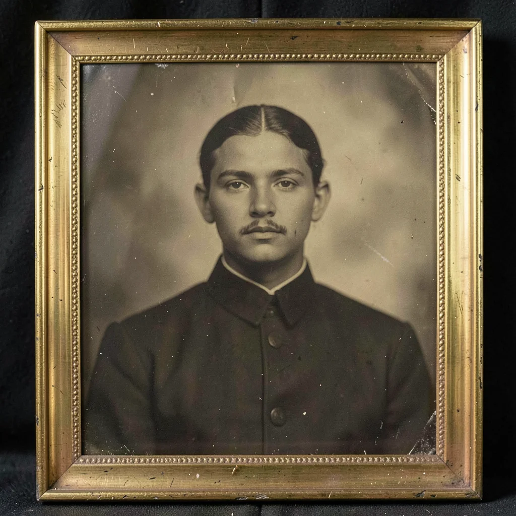 Close-up of an ambrotype portrait showing the characteristic dark-ground ghost v