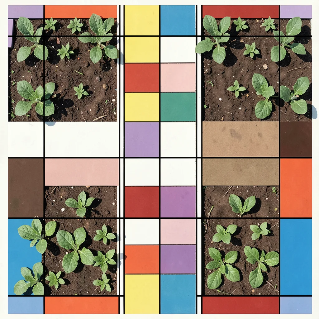 Vegetable garden overhead — soil, crops, path as pure primary rectangles