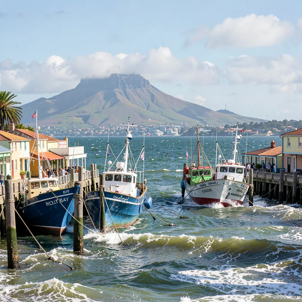 Cape Town southeaster wind shaping the scene, Hout Bay fishing boats straining a